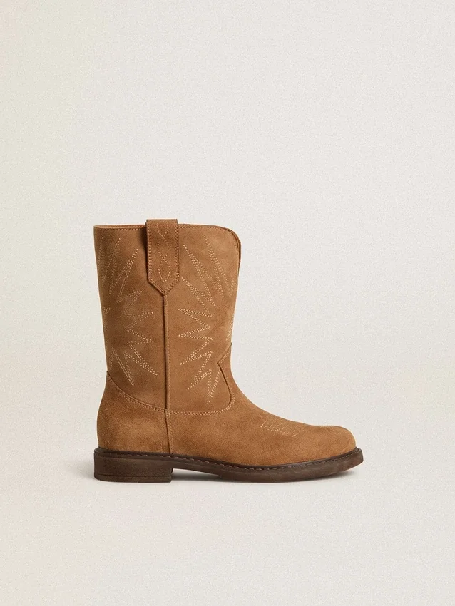 Wish Junior-Stiefel aus kamelfarbenem Wildleder mit Sternstickerei