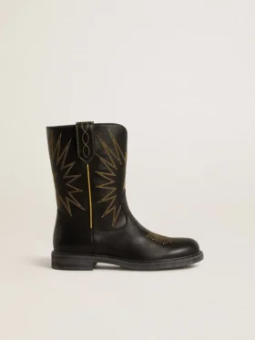 Wish Junior-Stiefel aus schwarzem Leder mit gelber Sternstickerei