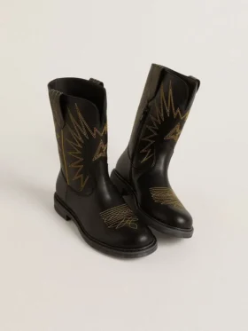 Wish Junior-Stiefel aus schwarzem Leder mit gelber Sternstickerei