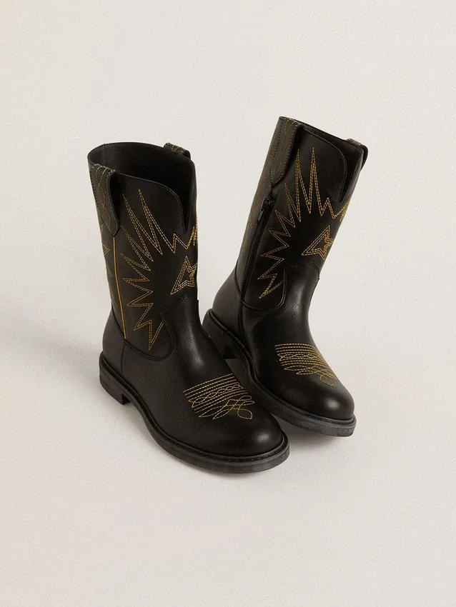 Wish Junior-Stiefel aus schwarzem Leder mit gelber Sternstickerei