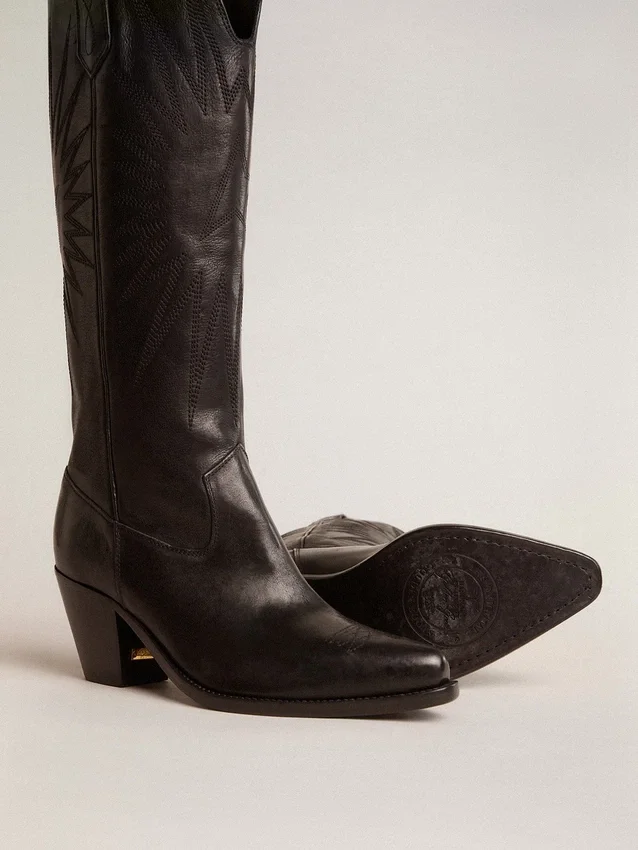 Wish Star-Damenstiefel aus schwarzem Leder mit Sternstickerei