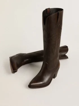 Wish Star-Stiefel aus dunkelbraunem Leder mit ton-in-ton gesticktem Stern