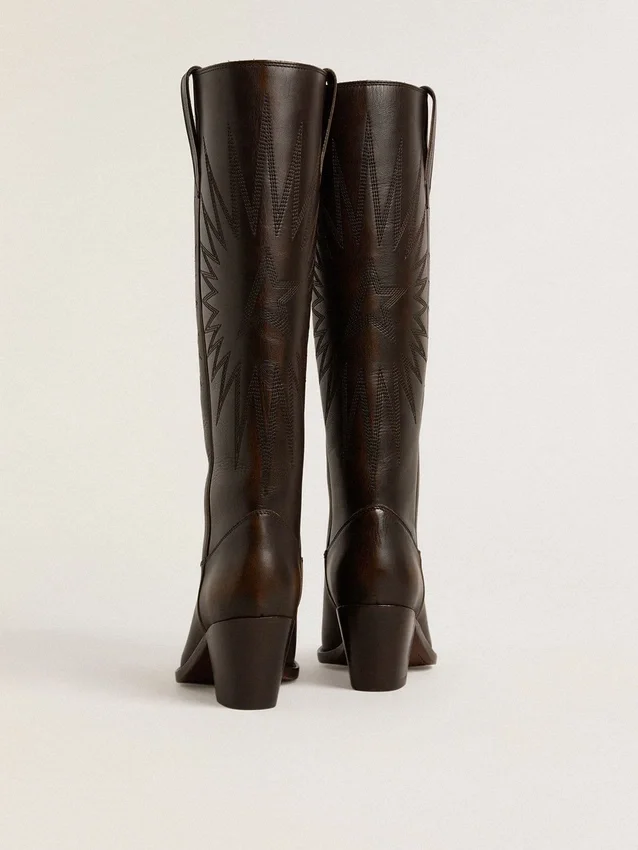Wish Star-Stiefel aus dunkelbraunem Leder mit ton-in-ton gesticktem Stern
