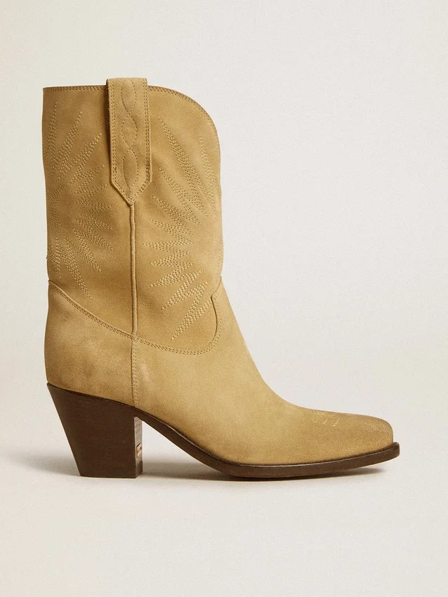 Wish Star Stiefel aus sandfarbenem, gewachstem Wildleder mit Sternstickerei