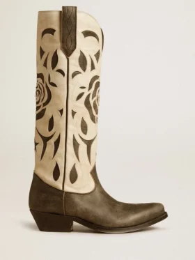 Wish Star-Stiefel aus schwarz-weissem Leder mit eingearbeiteter Rose und Stern