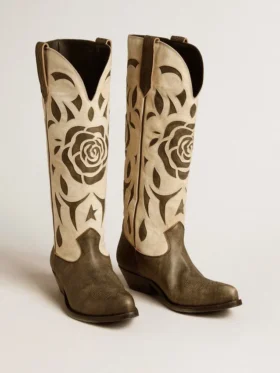 Wish Star-Stiefel aus schwarz-weissem Leder mit eingearbeiteter Rose und Stern