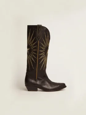 Wish Star-Stiefel aus schwarzem Leder mit einem Stern-Einsatz aus platinlaminiertem Leder