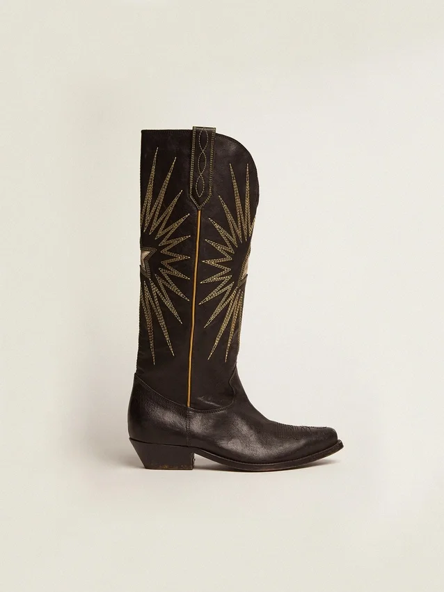 Wish Star-Stiefel aus schwarzem Leder mit einem Stern-Einsatz aus platinlaminiertem Leder