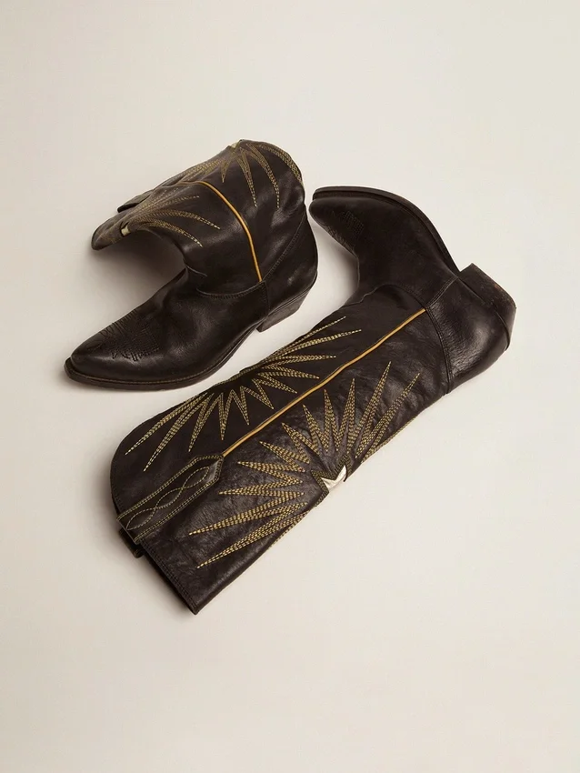 Wish Star-Stiefel aus schwarzem Leder mit einem Stern-Einsatz aus platinlaminiertem Leder