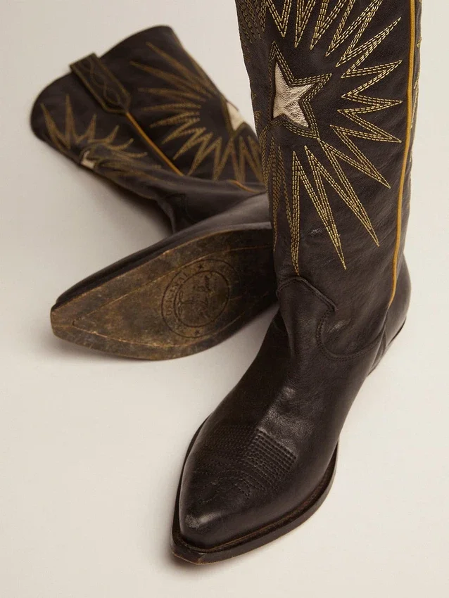 Wish Star-Stiefel aus schwarzem Leder mit einem Stern-Einsatz aus platinlaminiertem Leder