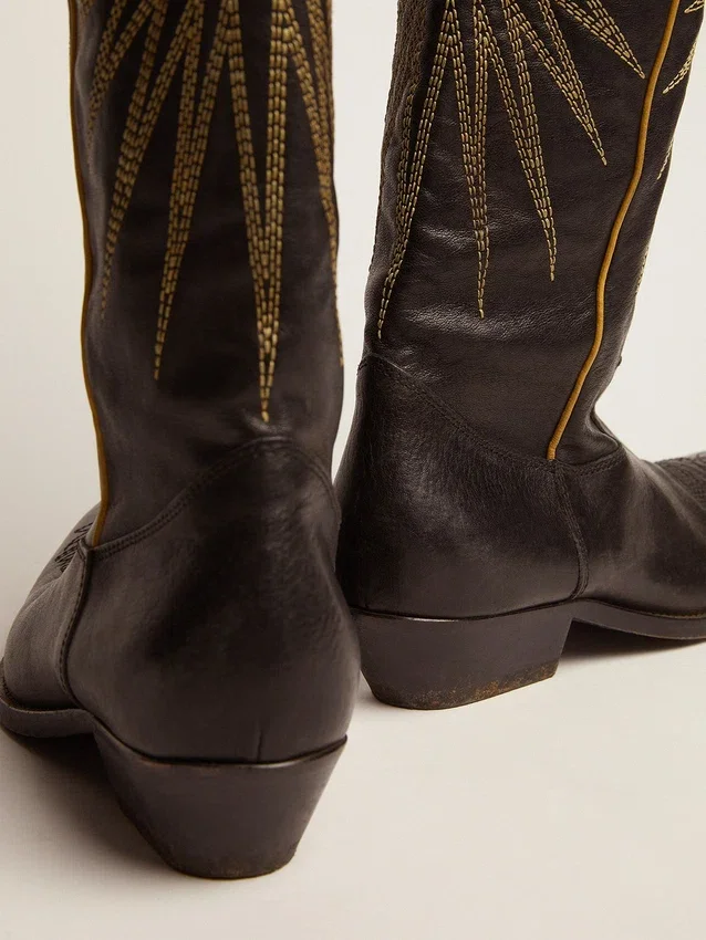 Wish Star-Stiefel aus schwarzem Leder mit einem Stern-Einsatz aus platinlaminiertem Leder