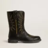 Wish Teen-Stiefel aus schwarzem Leder mit gelber Sternstickerei
