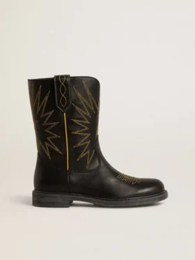 Wish Teen-Stiefel aus schwarzem Leder mit gelber Sternstickerei