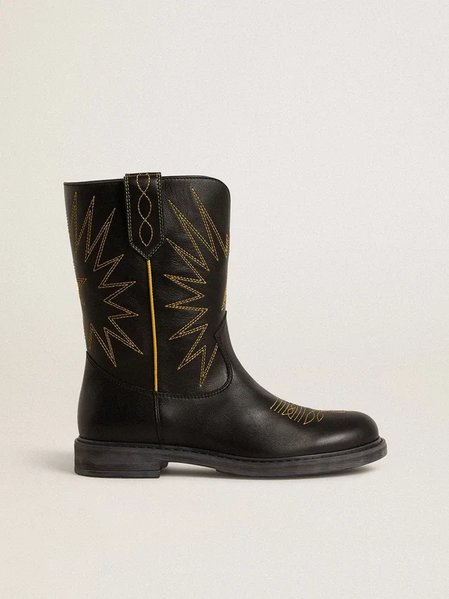 Wish Teen-Stiefel aus schwarzem Leder mit gelber Sternstickerei
