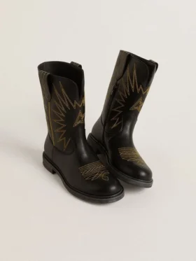 Wish Teen-Stiefel aus schwarzem Leder mit gelber Sternstickerei
