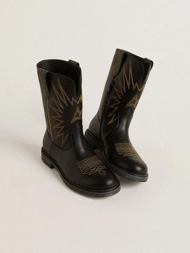 Wish Teen-Stiefel aus schwarzem Leder mit gelber Sternstickerei