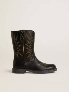 Wish Young Stiefel aus schwarzem Leder mit gelber Sternstickerei