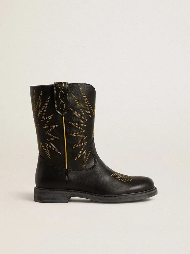 Wish Young Stiefel aus schwarzem Leder mit gelber Sternstickerei