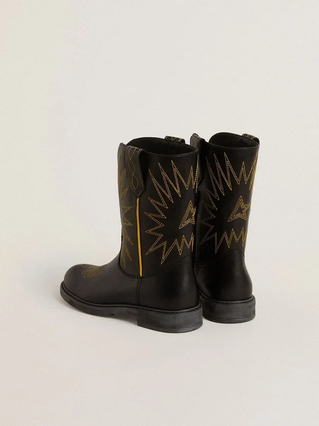 Wish Young Stiefel aus schwarzem Leder mit gelber Sternstickerei