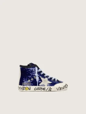 Young Francy Penstar in blauen Pailletten mit weissem Stern aus Wildleder