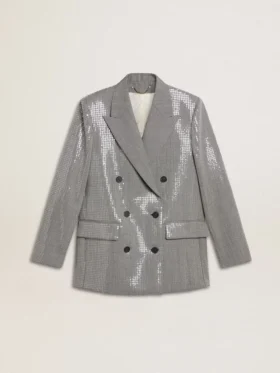 Zweireihige Boyfriend-Jacke aus Wolle mit Mikro-Hahnentrittmuster und Pailletten