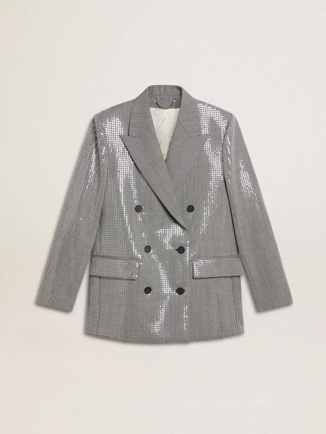 Zweireihige Boyfriend-Jacke aus Wolle mit Mikro-Hahnentrittmuster und Pailletten