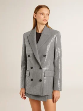 Zweireihige Boyfriend-Jacke aus Wolle mit Mikro-Hahnentrittmuster und Pailletten