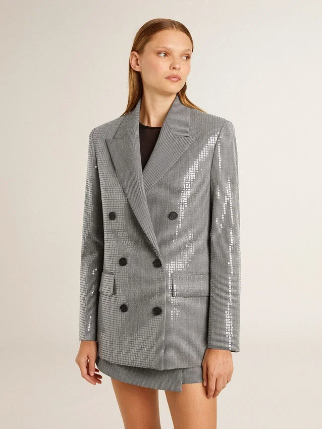 Zweireihige Boyfriend-Jacke aus Wolle mit Mikro-Hahnentrittmuster und Pailletten