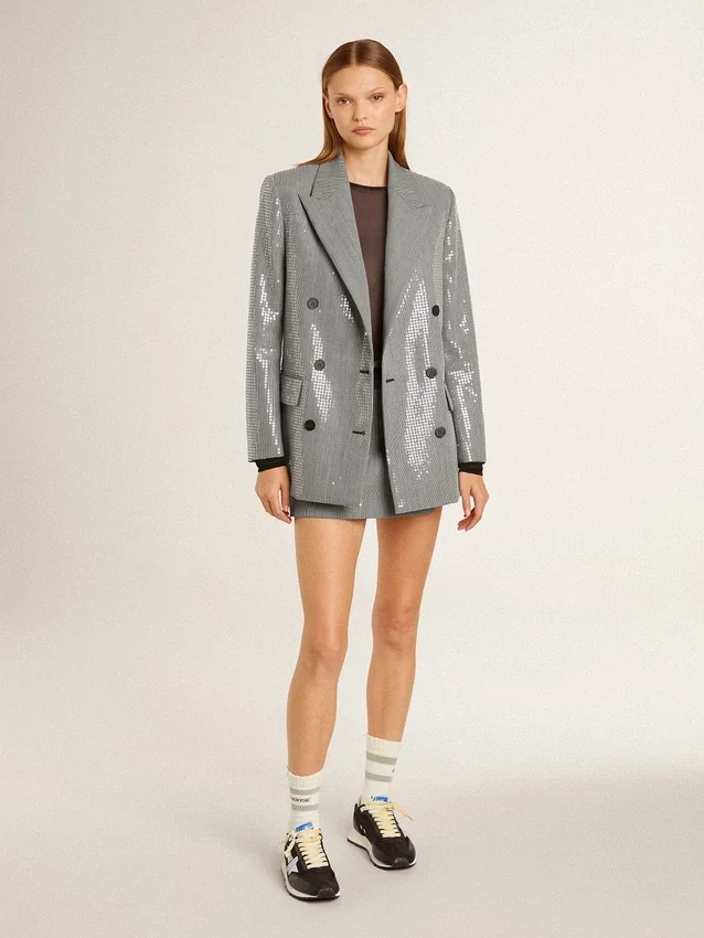 Zweireihige Boyfriend-Jacke aus Wolle mit Mikro-Hahnentrittmuster und Pailletten