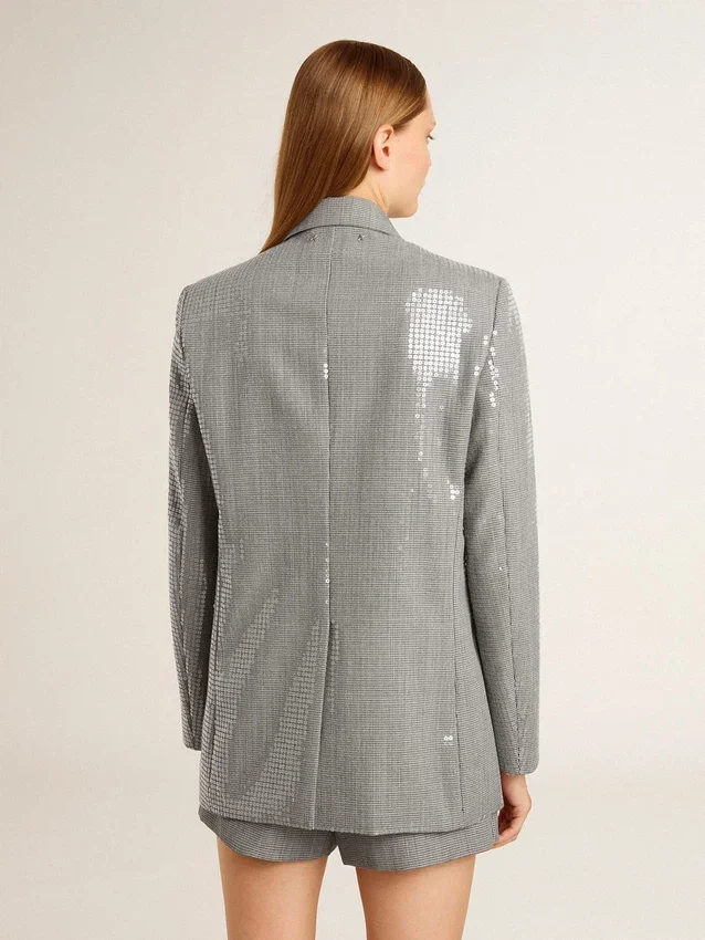 Zweireihige Boyfriend-Jacke aus Wolle mit Mikro-Hahnentrittmuster und Pailletten