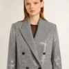 Zweireihige Boyfriend-Jacke aus Wolle mit Mikro-Hahnentrittmuster und Pailletten