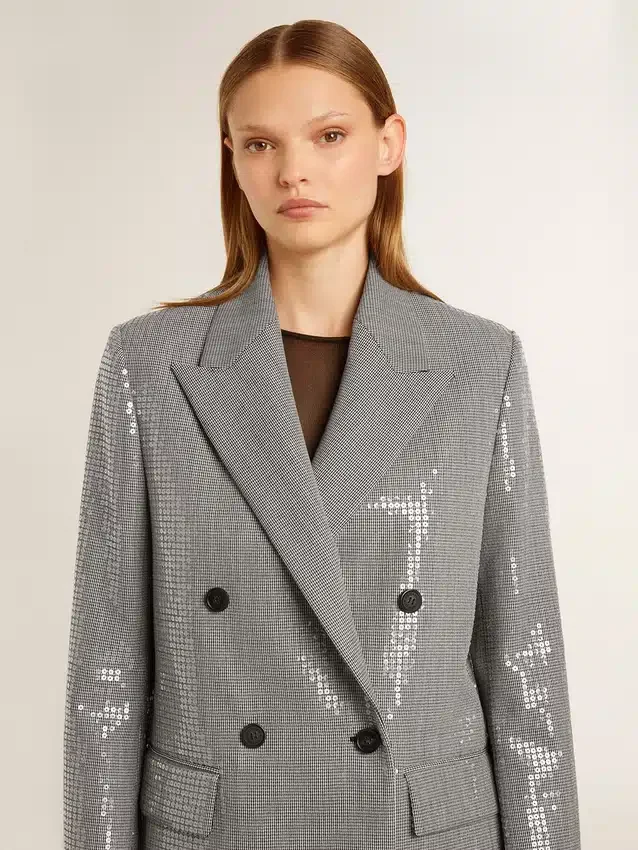 Zweireihige Boyfriend-Jacke aus Wolle mit Mikro-Hahnentrittmuster und Pailletten