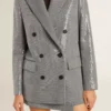 Zweireihige Boyfriend-Jacke aus Wolle mit Mikro-Hahnentrittmuster und Pailletten