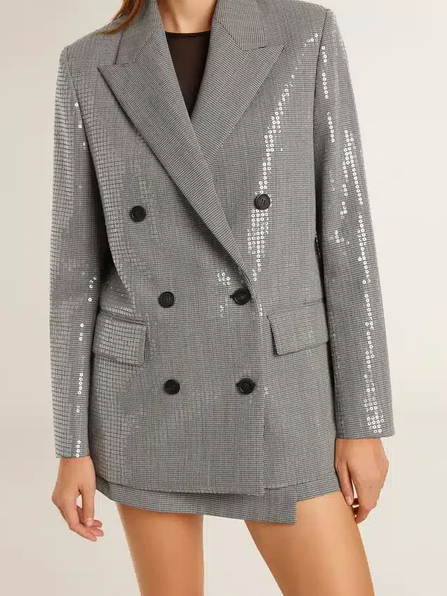 Zweireihige Boyfriend-Jacke aus Wolle mit Mikro-Hahnentrittmuster und Pailletten